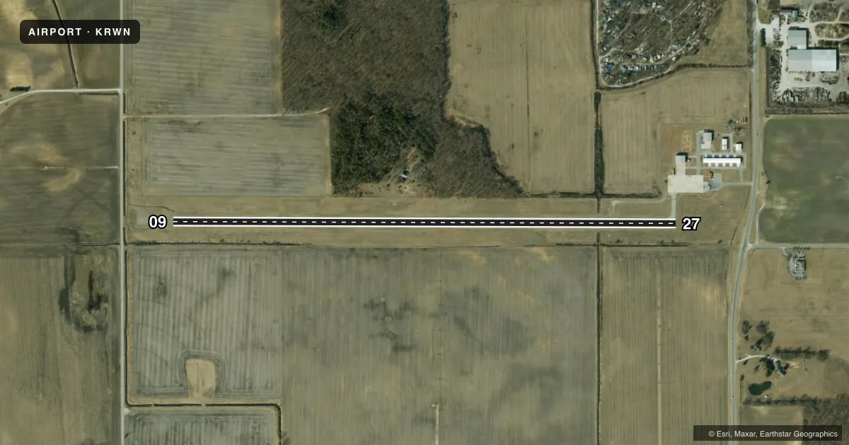 Top-down satellite sketch of KRWN ARENS FLD in WINAMAC, INDIANA, showing runways 09/27 drawn to scale over Esri World Imagery