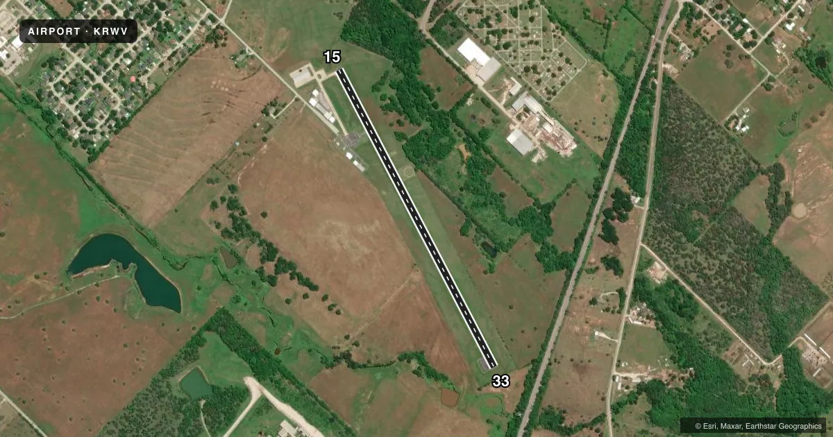 Top-down satellite sketch of KRWV CALDWELL MUNI in CALDWELL, TEXAS, showing runways 15/33 drawn to scale over Esri World Imagery