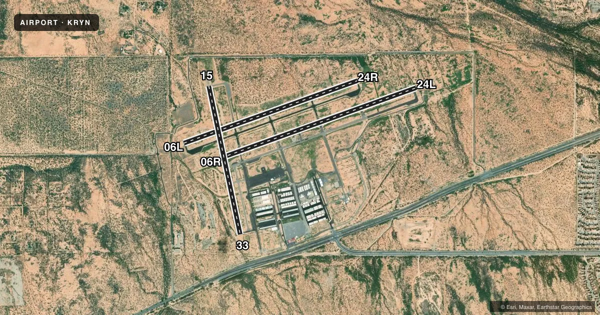 Top-down satellite sketch of KRYN RYAN FLD in TUCSON, ARIZONA, showing runways 06R/24L, 06L/24R, 15/33 drawn to scale over Esri World Imagery