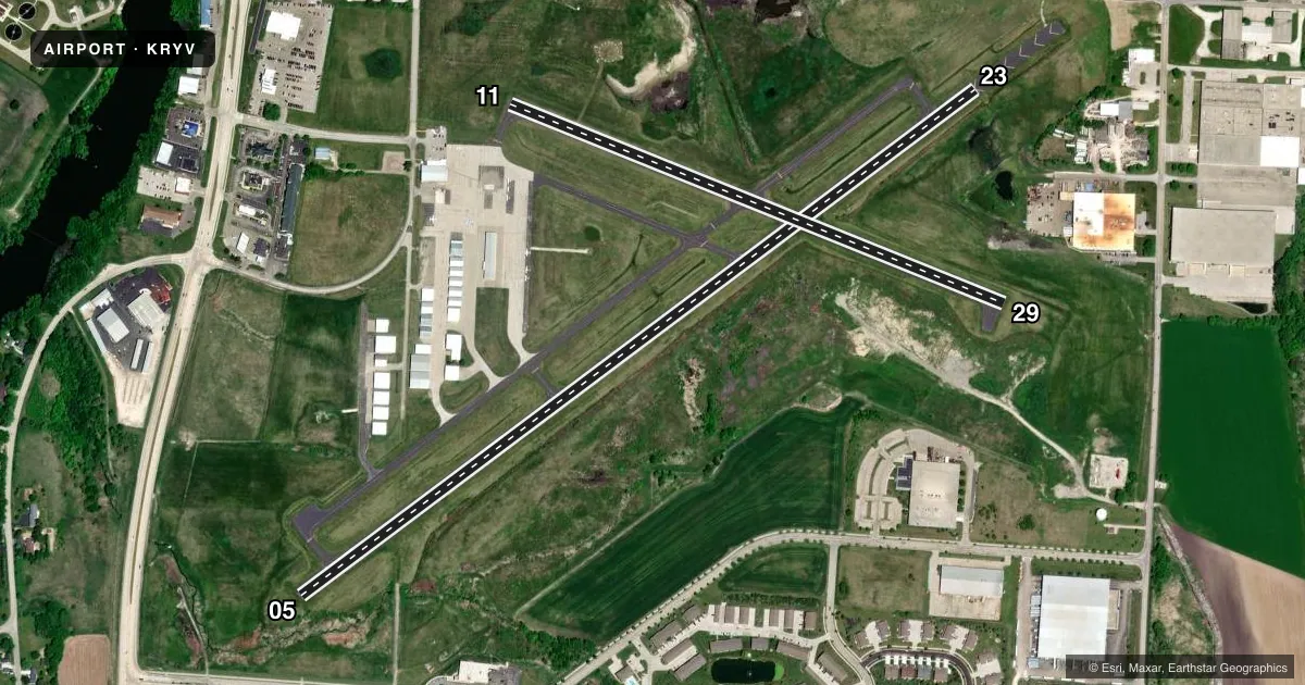 Top-down satellite sketch of KRYV WATERTOWN MUNI in WATERTOWN, WISCONSIN, showing runways 05/23, 11/29 drawn to scale over Esri World Imagery