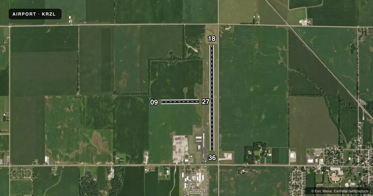 Top-down satellite sketch of KRZL JASPER COUNTY in RENSSELAER, INDIANA, showing runways 18/36, 09/27 drawn to scale over Esri World Imagery