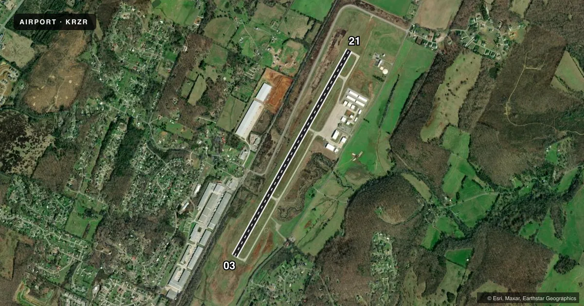 Top-down satellite sketch of KRZR CLEVELAND RGNL JETPORT in CLEVELAND, TENNESSEE, showing runways 03/21 drawn to scale over Esri World Imagery
