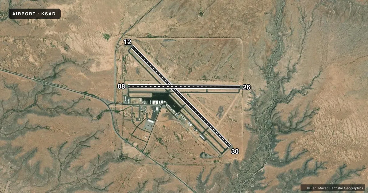Top-down satellite sketch of KSAD SAFFORD RGNL/1LT DUANE SPALSBURY FLD in SAFFORD, ARIZONA, showing runways 12/30, 08/26 drawn to scale over Esri World Imagery