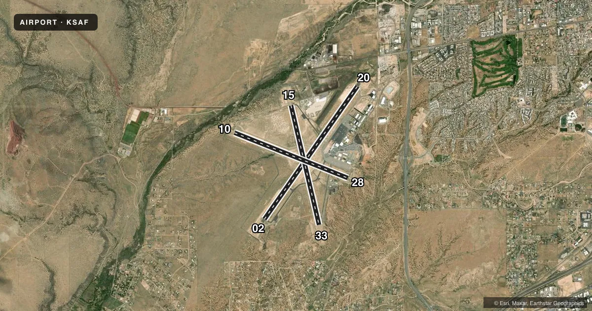 Top-down satellite sketch of KSAF SANTA FE RGNL in SANTA FE, NEW MEXICO, showing runways 02/20, 15/33, 10/28 drawn to scale over Esri World Imagery