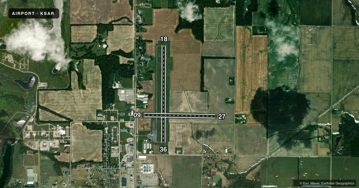 Top-down satellite sketch of KSAR SPARTA COMMUNITY-HUNTER FLD in SPARTA, ILLINOIS, showing runways 18/36, 09/27 drawn to scale over Esri World Imagery
