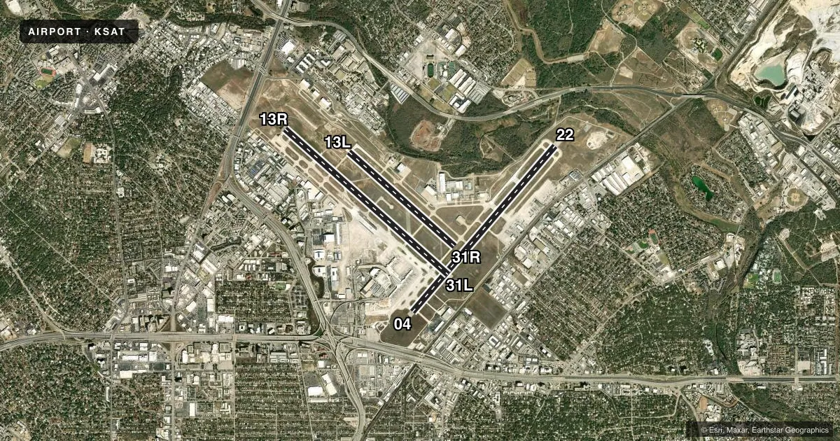Top-down satellite sketch of KSAT SAN ANTONIO INTL in SAN ANTONIO, TEXAS, showing runways 04/22, 13R/31L, 13L/31R drawn to scale over Esri World Imagery