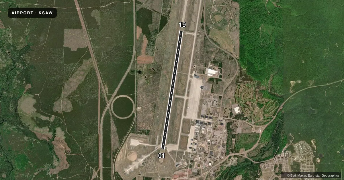 Top-down satellite sketch of KSAW MARQUETTE/SAWYER RGNL in MARQUETTE, MICHIGAN, showing runways 01/19 drawn to scale over Esri World Imagery