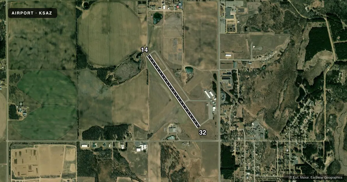 Top-down satellite sketch of KSAZ STAPLES MUNI in STAPLES, MINNESOTA, showing runways 14/32 drawn to scale over Esri World Imagery