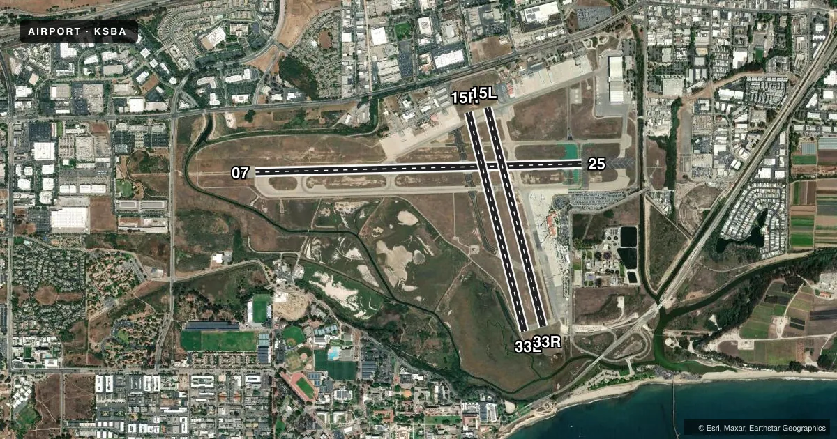 Top-down satellite sketch of KSBA SANTA BARBARA MUNI in SANTA BARBARA, CALIFORNIA, showing runways 07/25, 15R/33L, 15L/33R drawn to scale over Esri World Imagery