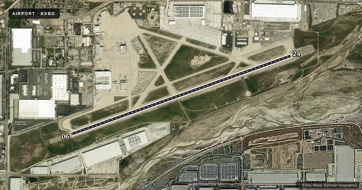 Top-down satellite sketch of KSBD SAN BERNARDINO INTL in SAN BERNARDINO, CALIFORNIA, showing runways 06/24 drawn to scale over Esri World Imagery