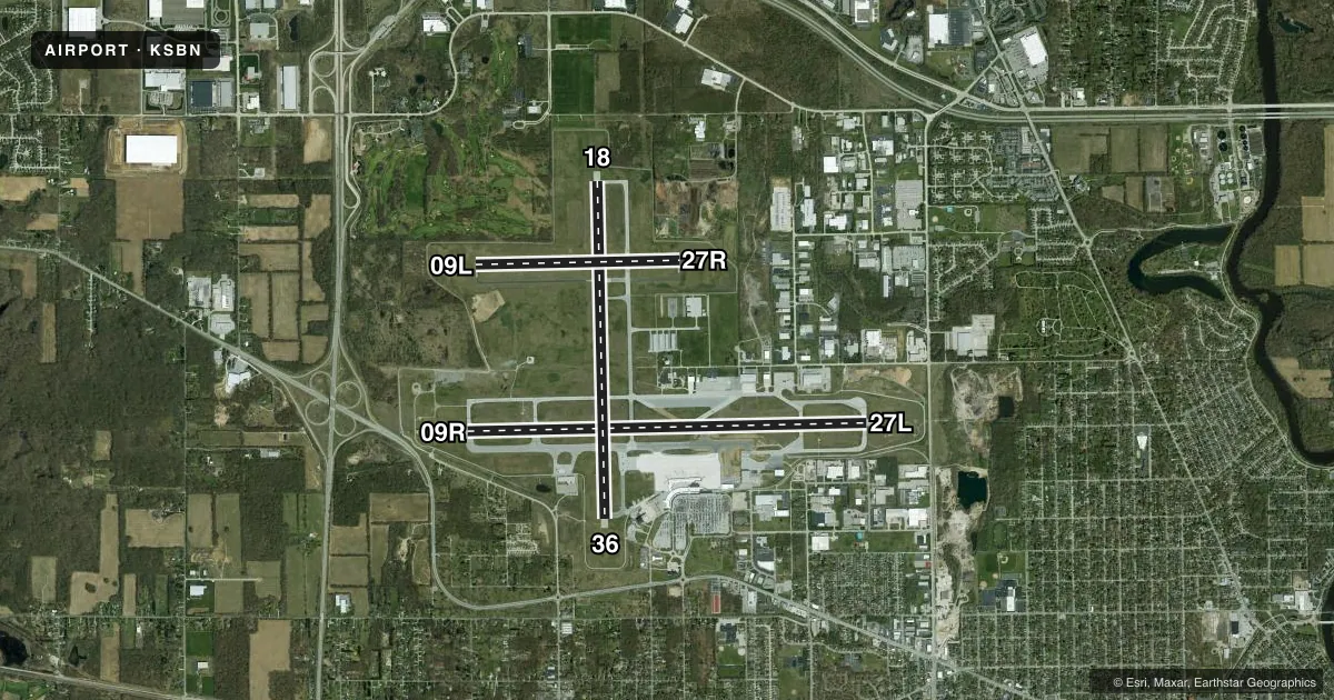 Top-down satellite sketch of KSBN SOUTH BEND INTL in SOUTH BEND, INDIANA, showing runways 09R/27L, 18/36, 09L/27R drawn to scale over Esri World Imagery