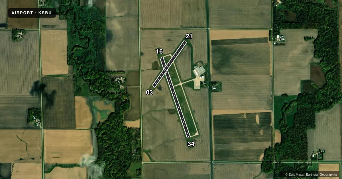 Top-down satellite sketch of KSBU BLUE EARTH MUNI in BLUE EARTH, MINNESOTA, showing runways 16/34, 03/21 drawn to scale over Esri World Imagery