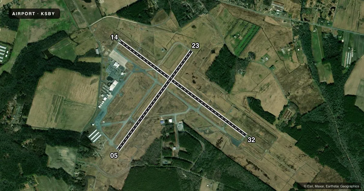 Top-down satellite sketch of KSBY SALISBURY-OCEAN CITY WICOMICO RGNL in SALISBURY, MARYLAND, showing runways 14/32, 05/23 drawn to scale over Esri World Imagery