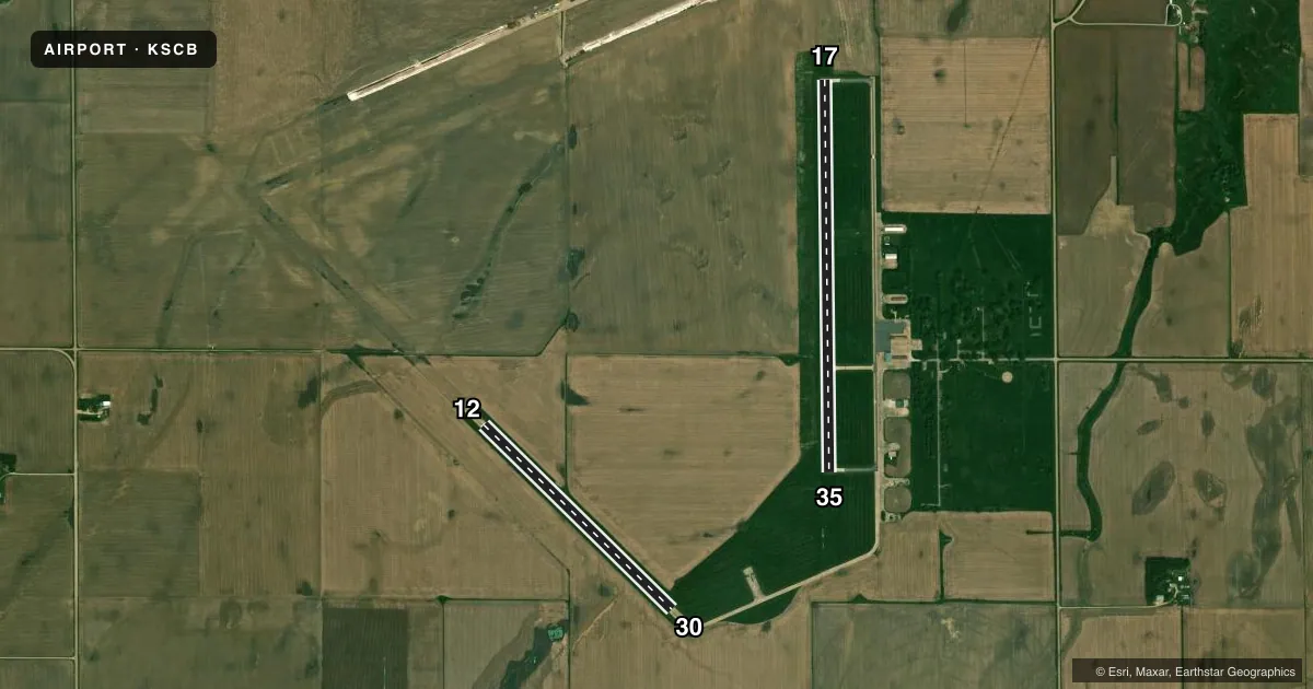 Top-down satellite sketch of KSCB SCRIBNER STATE in SCRIBNER, NEBRASKA, showing runways 17/35, 12/30 drawn to scale over Esri World Imagery