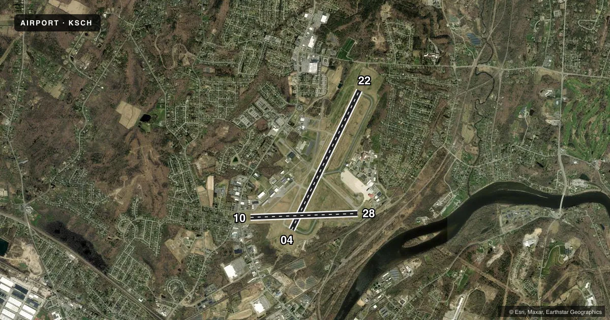 Top-down satellite sketch of KSCH SCHENECTADY COUNTY in SCHENECTADY, NEW YORK, showing runways 04/22, 10/28 drawn to scale over Esri World Imagery