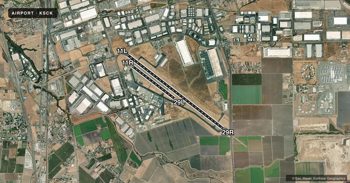 Top-down satellite sketch of KSCK STOCKTON METRO in STOCKTON, CALIFORNIA, showing runways 11L/29R, 11R/29L drawn to scale over Esri World Imagery
