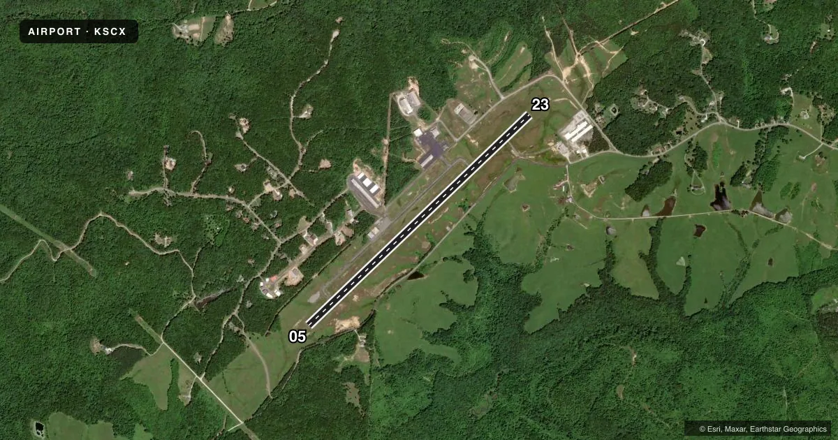 Top-down satellite sketch of KSCX SCOTT MUNI in ONEIDA, TENNESSEE, showing runways 05/23 drawn to scale over Esri World Imagery