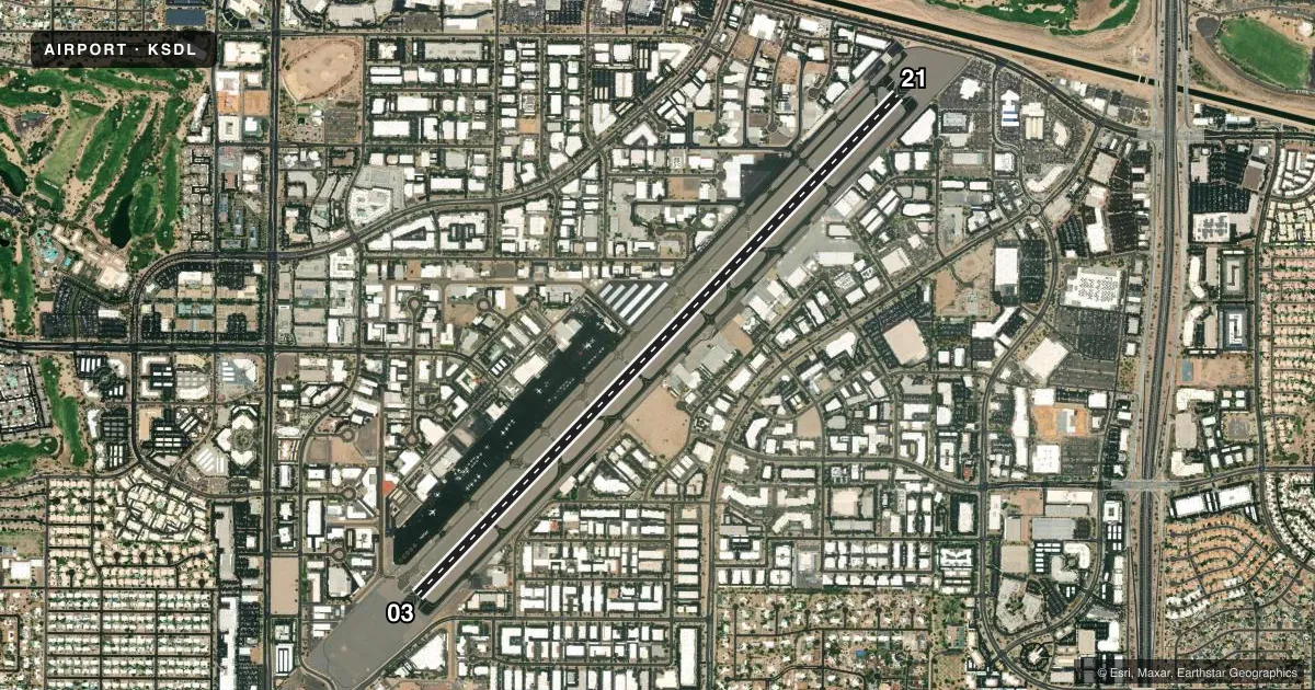 Top-down satellite sketch of KSDL SCOTTSDALE in SCOTTSDALE, ARIZONA, showing runways 03/21 drawn to scale over Esri World Imagery