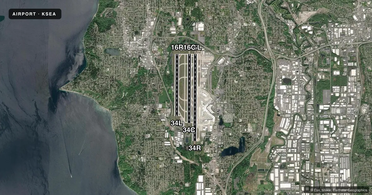 Top-down satellite sketch of KSEA SEATTLE-TACOMA INTL in SEATTLE, WASHINGTON, showing runways 16L/34R, 16C/34C, 16R/34L drawn to scale over Esri World Imagery