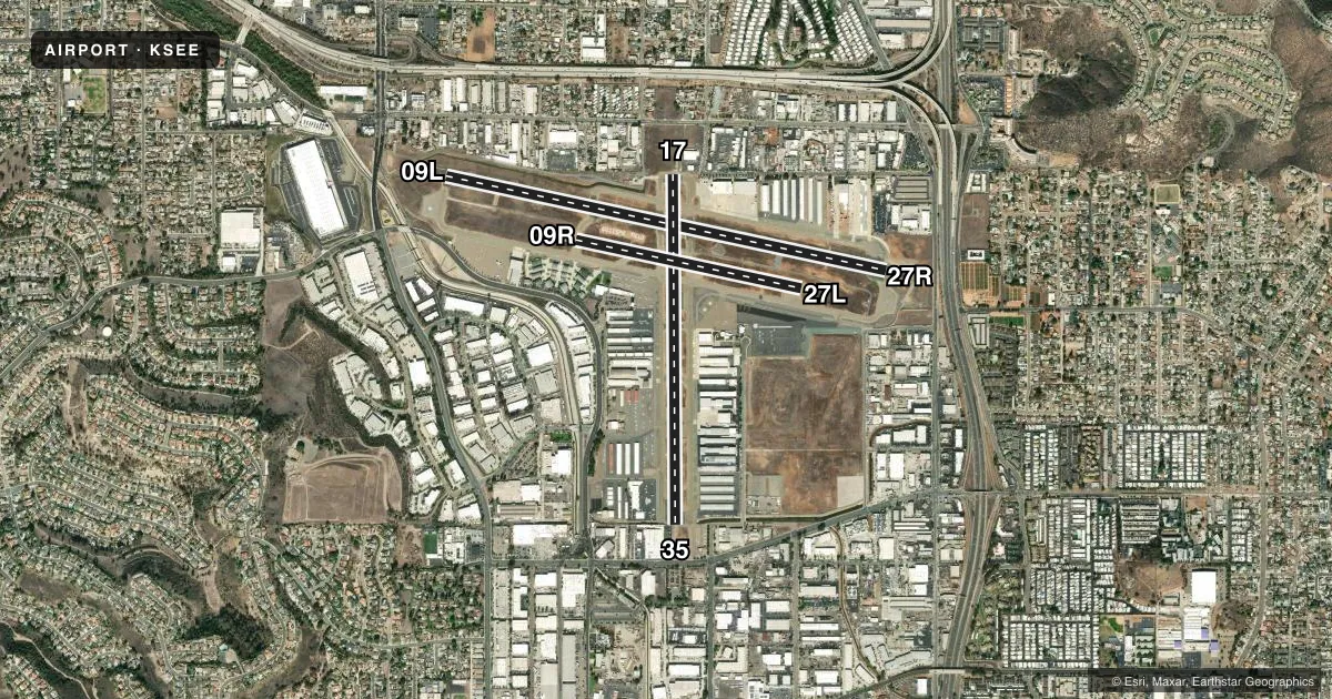 Top-down satellite sketch of KSEE GILLESPIE FLD in SAN DIEGO/EL CAJON, CALIFORNIA, showing runways 09L/27R, 17/35, 09R/27L drawn to scale over Esri World Imagery