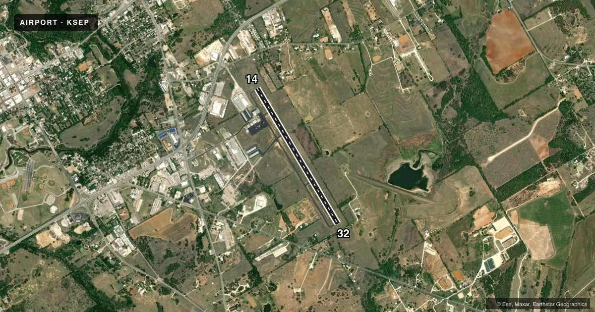 Top-down satellite sketch of KSEP STEPHENVILLE CLARK RGNL in STEPHENVILLE, TEXAS, showing runways 14/32 drawn to scale over Esri World Imagery