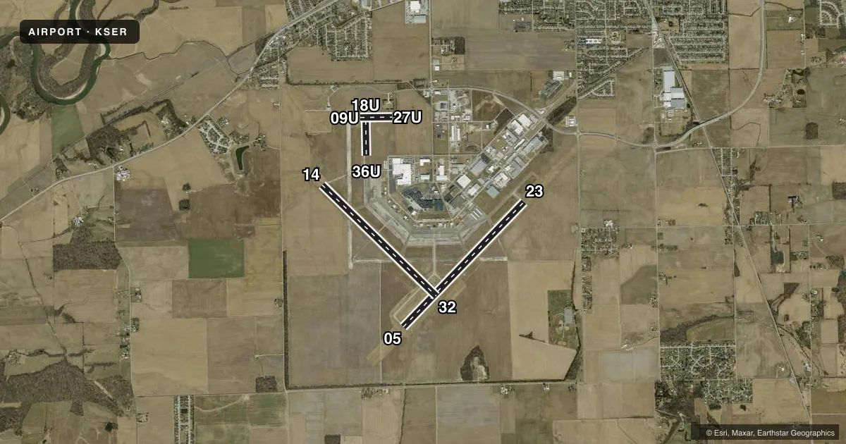 Top-down satellite sketch of KSER FREEMAN MUNI in SEYMOUR, INDIANA, showing runways 05/23, 14/32, 18U/36U, 09U/27U drawn to scale over Esri World Imagery