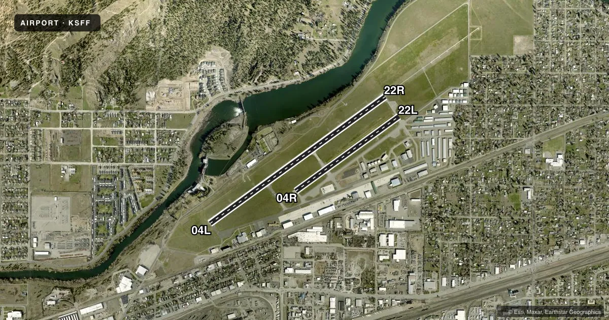 Top-down satellite sketch of KSFF FELTS FLD in SPOKANE, WASHINGTON, showing runways 04L/22R, 04R/22L drawn to scale over Esri World Imagery
