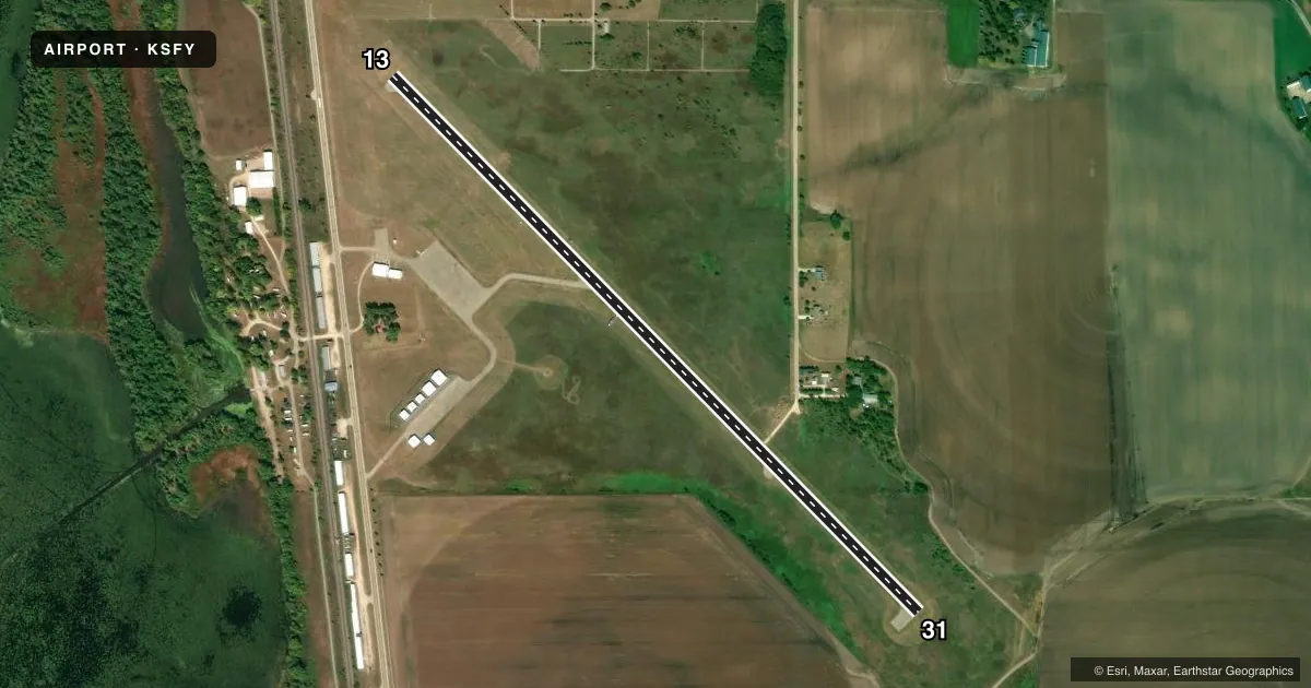 Top-down satellite sketch of KSFY TRI-TOWNSHIP in SAVANNA, ILLINOIS, showing runways 13/31 drawn to scale over Esri World Imagery