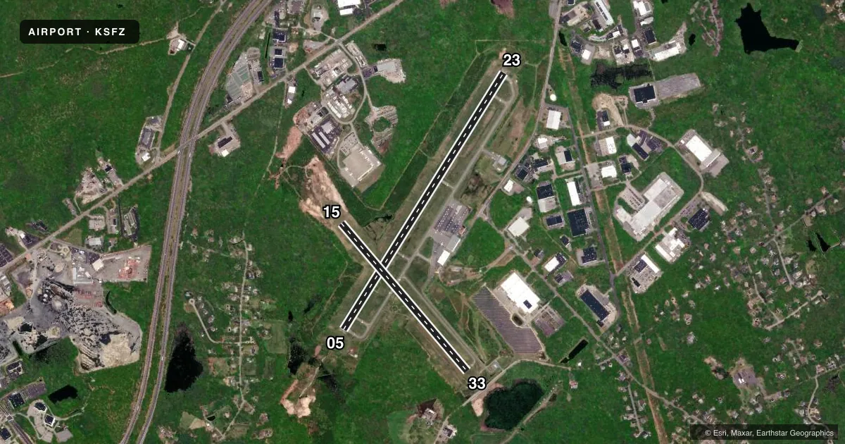Top-down satellite sketch of KSFZ NORTH CENTRAL STATE in PAWTUCKET, RHODE ISLAND, showing runways 05/23, 15/33 drawn to scale over Esri World Imagery