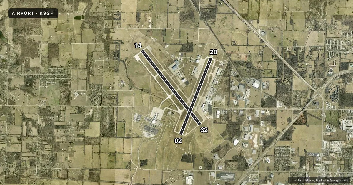 Top-down satellite sketch of KSGF SPRINGFIELD-BRANSON NTL in SPRINGFIELD, MISSOURI, showing runways 14/32, 02/20 drawn to scale over Esri World Imagery