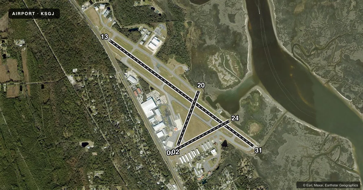 Top-down satellite sketch of KSGJ ST AUGUSTINE in ST AUGUSTINE, FLORIDA, showing runways 13/31, 06/24, 02/20 drawn to scale over Esri World Imagery