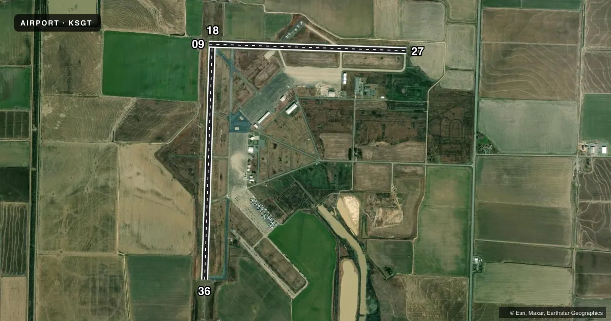Top-down satellite sketch of KSGT STUTTGART MUNI CARL HUMPHREY FLD in STUTTGART, ARKANSAS, showing runways 18/36, 09/27 drawn to scale over Esri World Imagery