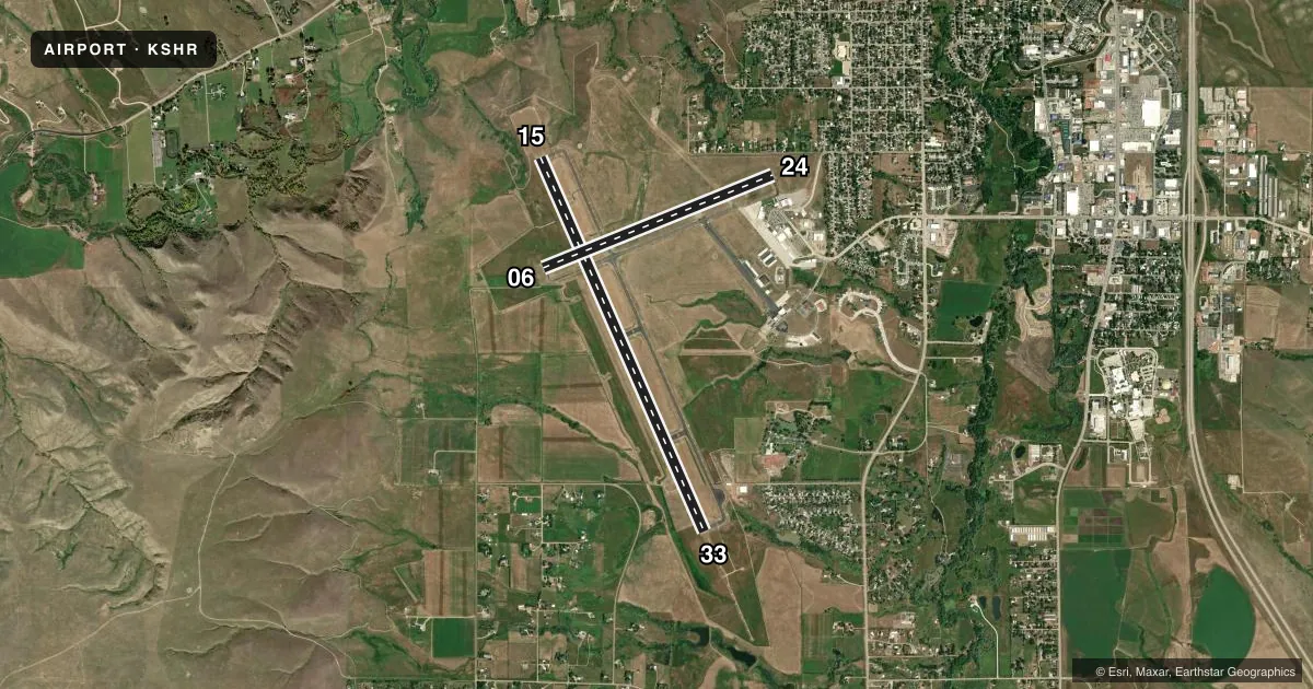 Top-down satellite sketch of KSHR SHERIDAN COUNTY in SHERIDAN, WYOMING, showing runways 15/33, 06/24 drawn to scale over Esri World Imagery