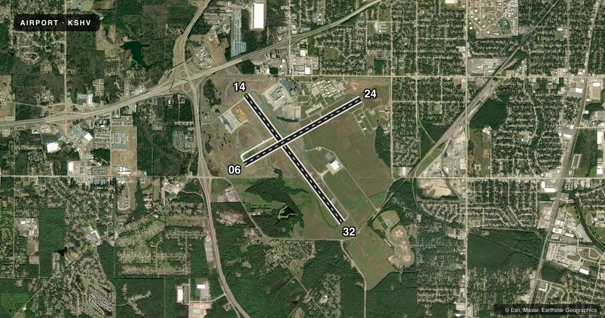 Top-down satellite sketch of KSHV SHREVEPORT RGNL in SHREVEPORT, LOUISIANA, showing runways 14/32, 06/24 drawn to scale over Esri World Imagery