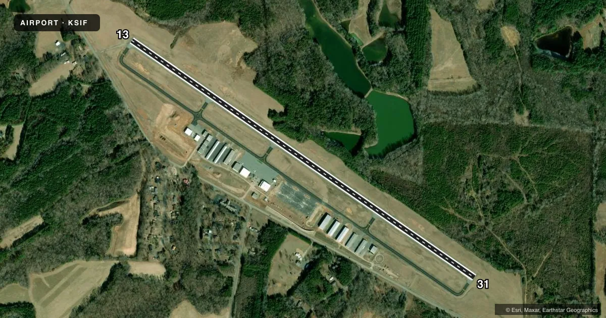 Top-down satellite sketch of KSIF ROCKINGHAM COUNTY NC SHILOH in REIDSVILLE, NORTH CAROLINA, showing runways 13/31 drawn to scale over Esri World Imagery