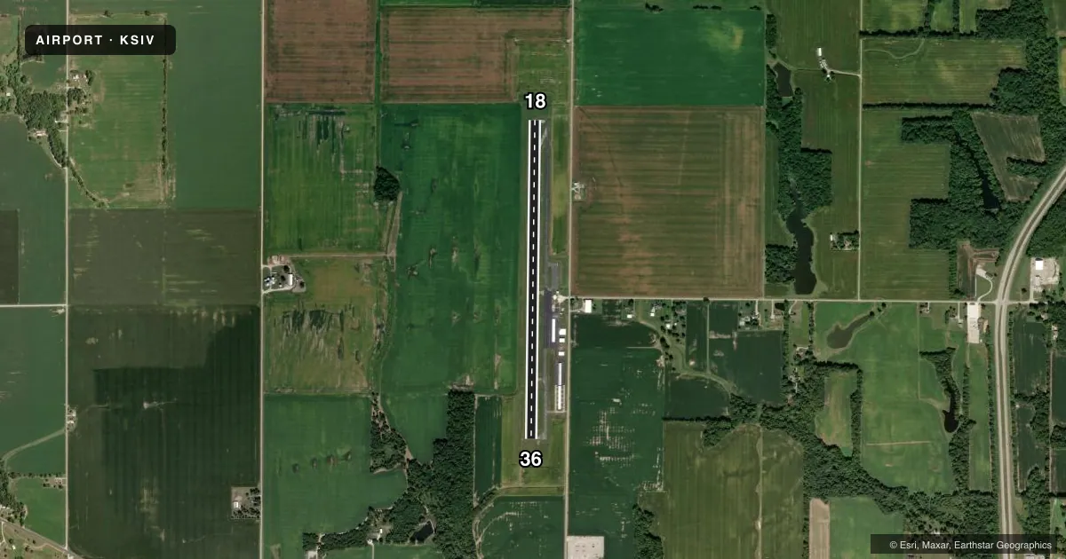Top-down satellite sketch of KSIV SULLIVAN COUNTY in SULLIVAN, INDIANA, showing runways 18/36 drawn to scale over Esri World Imagery