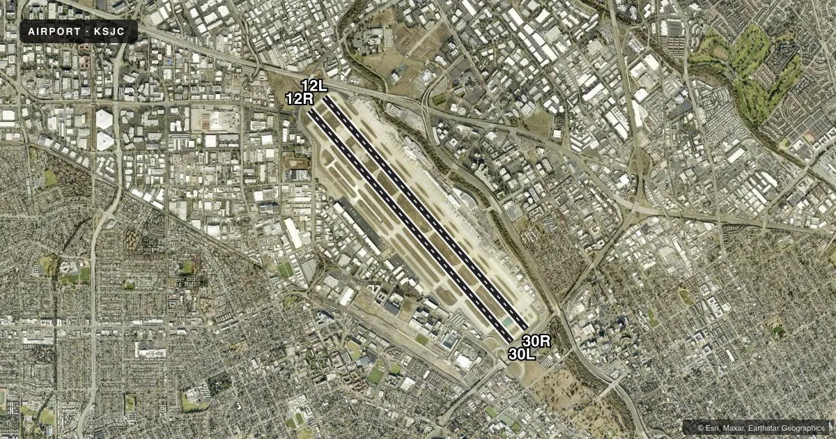 Top-down satellite sketch of KSJC NORMAN Y MINETA SAN JOSE INTL in SAN JOSE, CALIFORNIA, showing runways 12L/30R, 12R/30L drawn to scale over Esri World Imagery