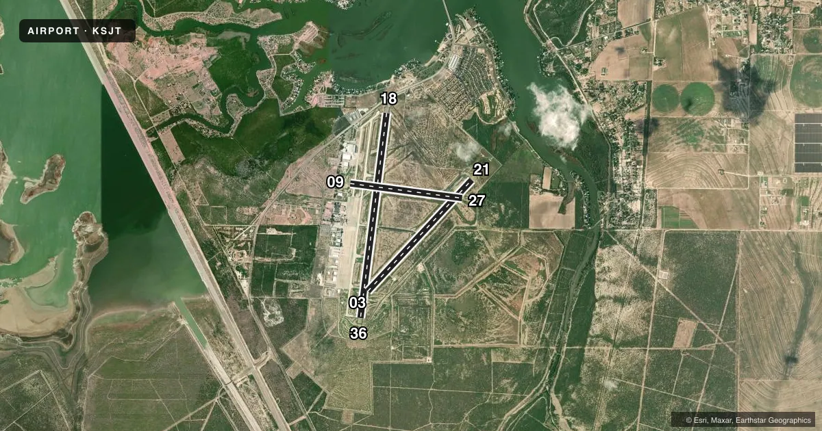 Top-down satellite sketch of KSJT SAN ANGELO RGNL/MATHIS FLD in SAN ANGELO, TEXAS, showing runways 18/36, 03/21, 09/27 drawn to scale over Esri World Imagery
