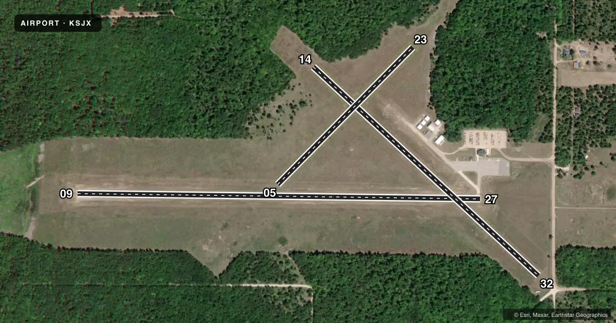 Top-down satellite sketch of KSJX BEAVER ISLAND in BEAVER ISLAND, MICHIGAN, showing runways 09/27, 14/32, 05/23 drawn to scale over Esri World Imagery