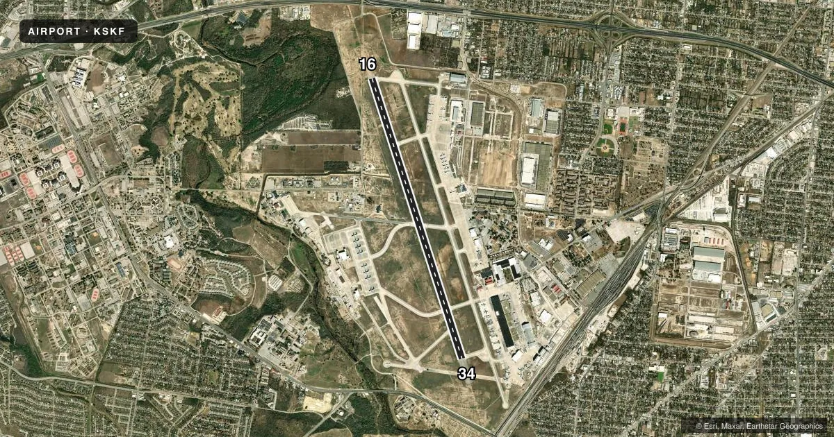 Top-down satellite sketch of KSKF KELLY FLD in SAN ANTONIO, TEXAS, showing runways 16/34 drawn to scale over Esri World Imagery