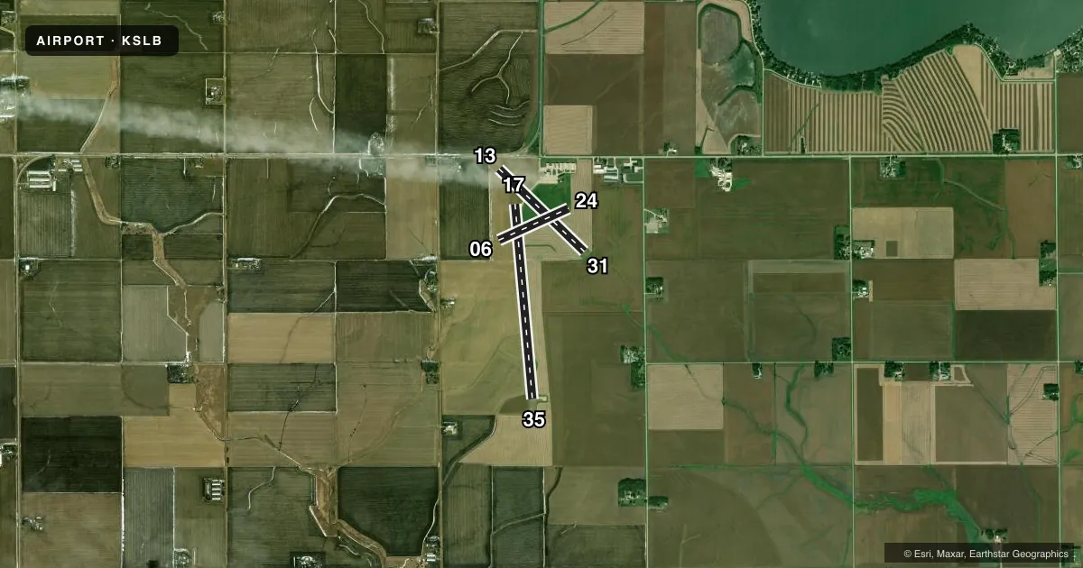 Top-down satellite sketch of KSLB STORM LAKE MUNI in STORM LAKE, IOWA, showing runways 17/35, 13/31, 06/24 drawn to scale over Esri World Imagery