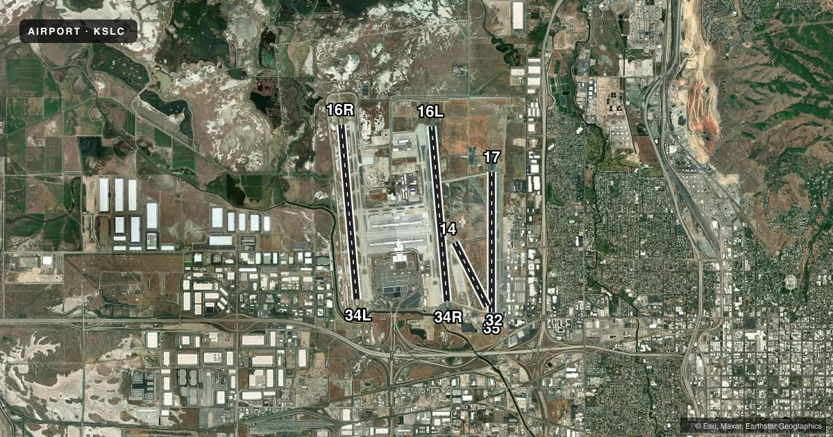 Top-down satellite sketch of KSLC SALT LAKE CITY INTL in SALT LAKE CITY, UTAH, showing runways 16L/34R, 16R/34L, 17/35, 14/32 drawn to scale over Esri World Imagery