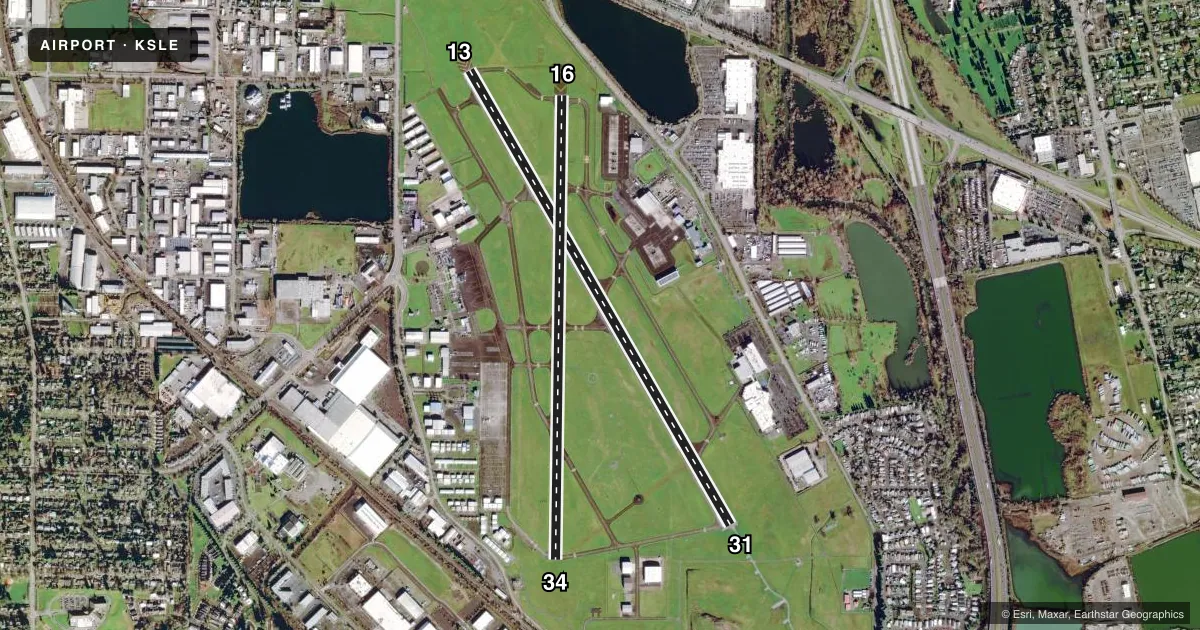 Top-down satellite sketch of KSLE MCNARY FLD in SALEM, OREGON, showing runways 13/31, 16/34 drawn to scale over Esri World Imagery