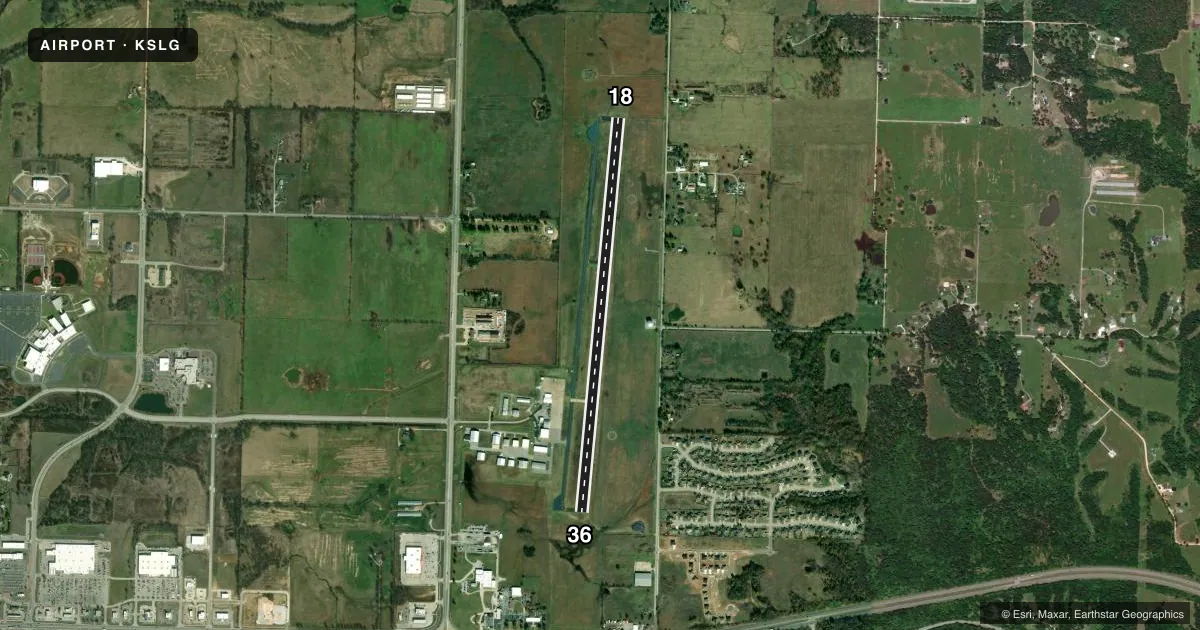Top-down satellite sketch of KSLG SMITH FLD in SILOAM SPRINGS, ARKANSAS, showing runways 18/36 drawn to scale over Esri World Imagery