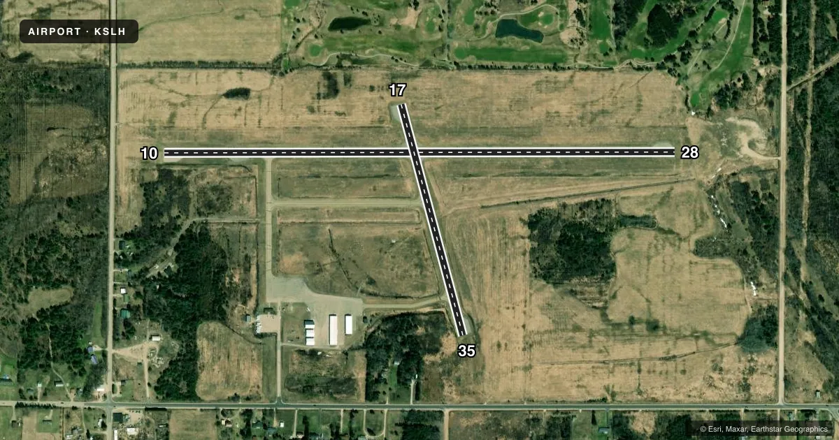Top-down satellite sketch of KSLH CHEBOYGAN COUNTY in CHEBOYGAN, MICHIGAN, showing runways 10/28, 17/35 drawn to scale over Esri World Imagery