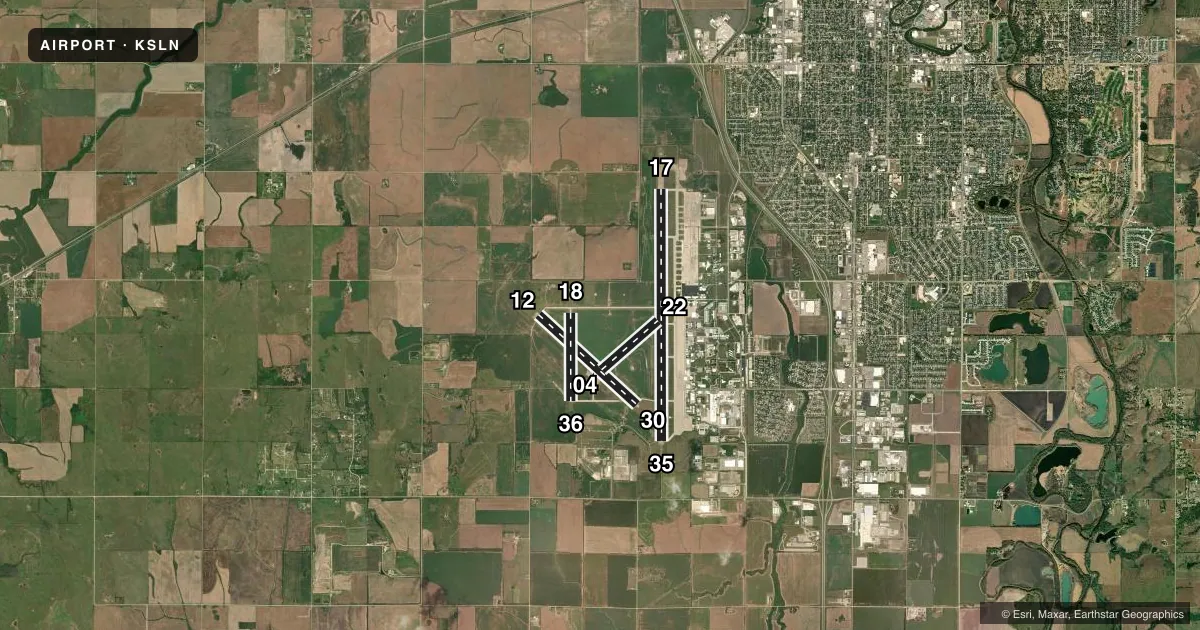 Top-down satellite sketch of KSLN SALINA RGNL in SALINA, KANSAS, showing runways 17/35, 12/30, 18/36, 04/22 drawn to scale over Esri World Imagery