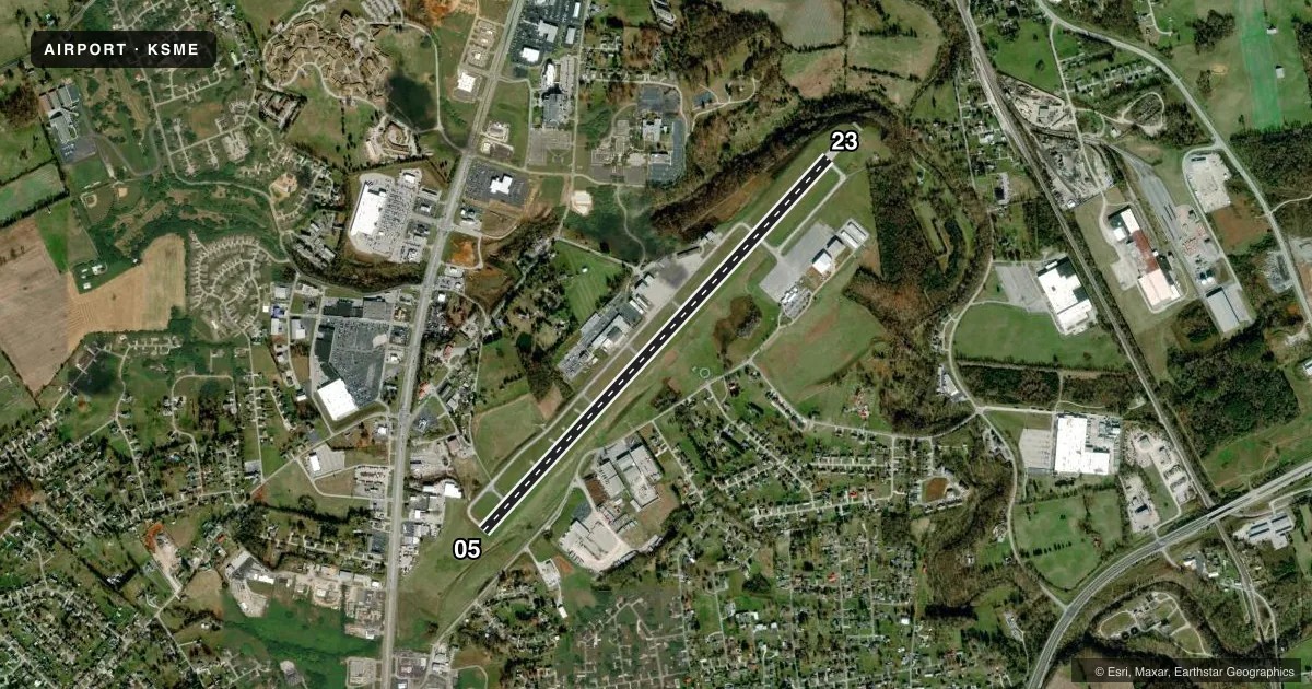 Top-down satellite sketch of KSME LAKE CUMBERLAND RGNL in SOMERSET, KENTUCKY, showing runways 05/23 drawn to scale over Esri World Imagery