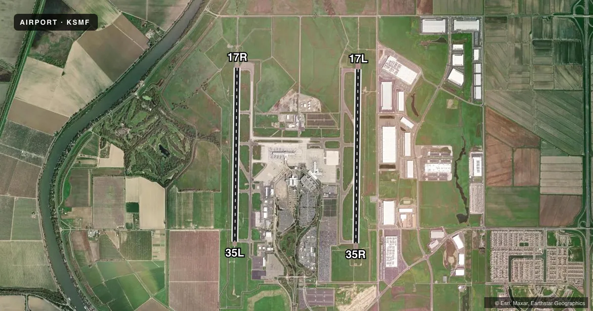 Top-down satellite sketch of KSMF SACRAMENTO INTL in SACRAMENTO, CALIFORNIA, showing runways 17L/35R, 17R/35L drawn to scale over Esri World Imagery
