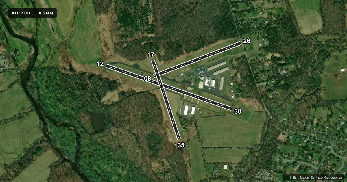 Top-down satellite sketch of KSMQ SOMERSET in SOMERVILLE, NEW JERSEY, showing runways 12/30, 08/26, 17/35 drawn to scale over Esri World Imagery