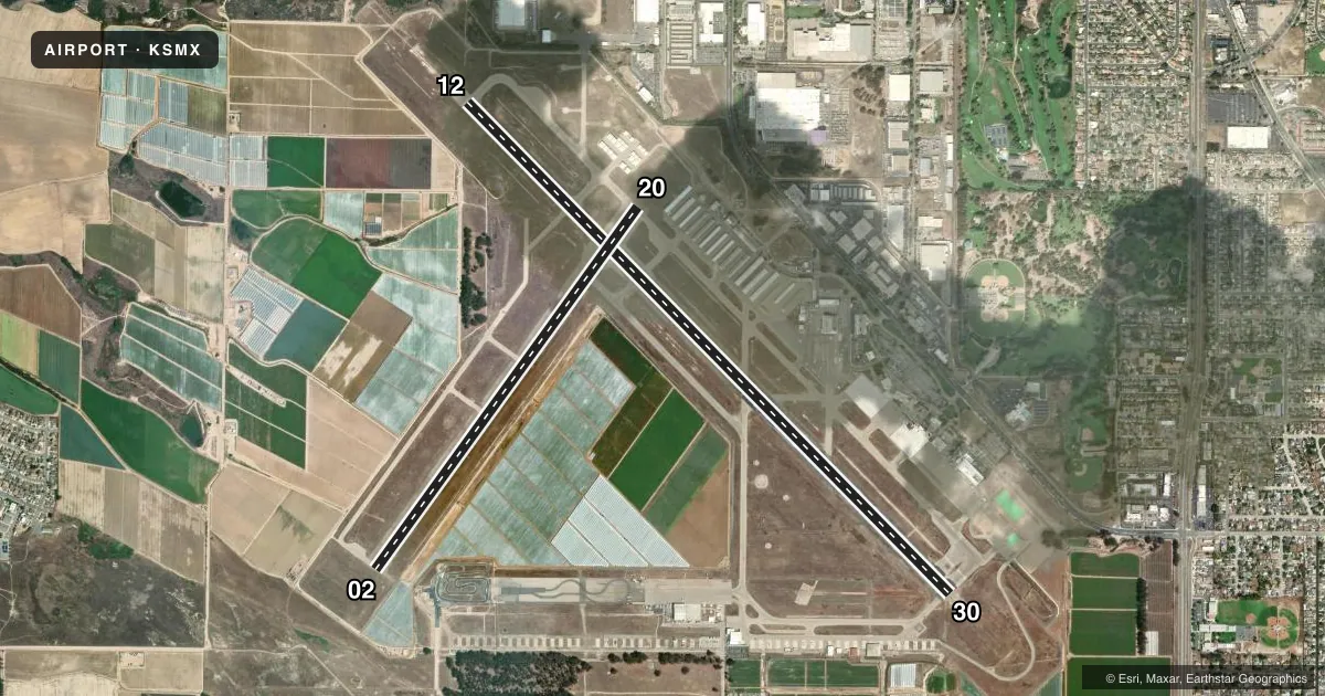 Top-down satellite sketch of KSMX SANTA MARIA PUB/CAPT G ALLAN HANCOCK FLD in SANTA MARIA, CALIFORNIA, showing runways 12/30, 02/20 drawn to scale over Esri World Imagery